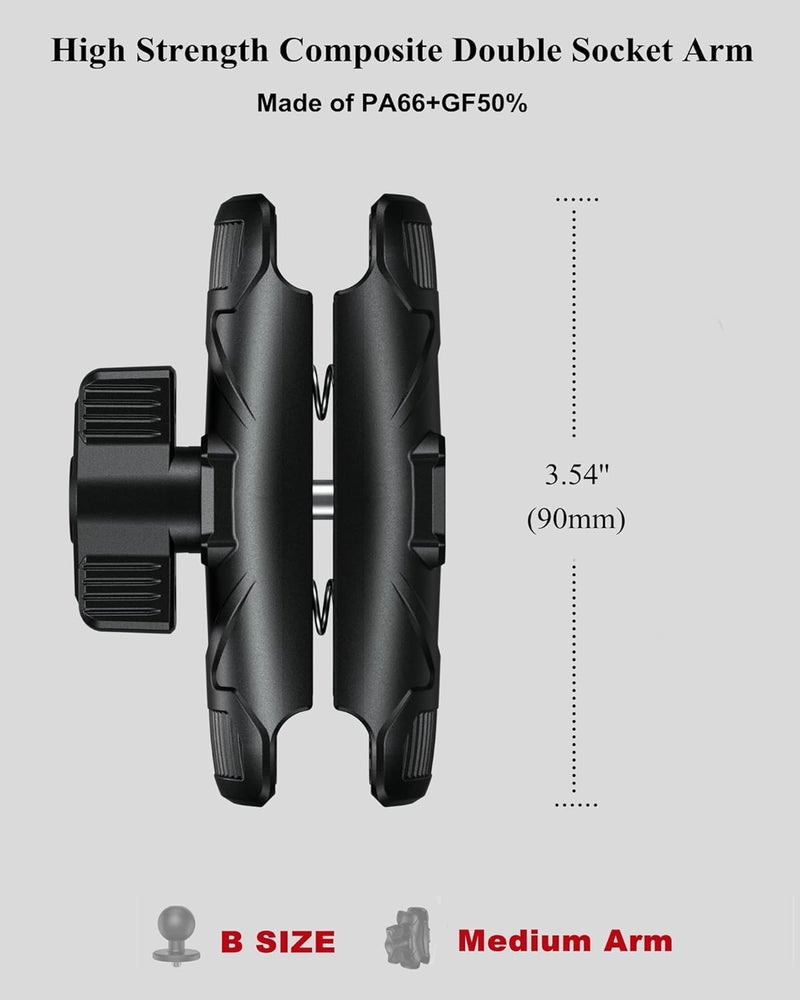 BRCOVAN Double Socket Arm High Strength Composite Medium Arm Compatible with RAM Mounts B Size 1'' Ball Components & Bike Motorcycle Phone Mount Holder with 1'' Ball Adapter - Image 2